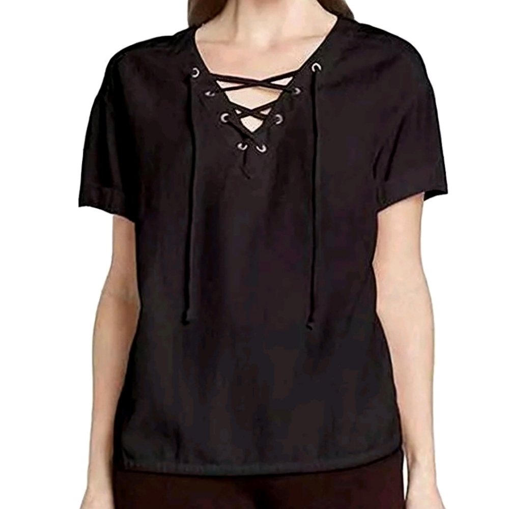 MattyM Women's NWT Classic Black Linen Blend Pullover Lace V-neck T-Shirt Blouse